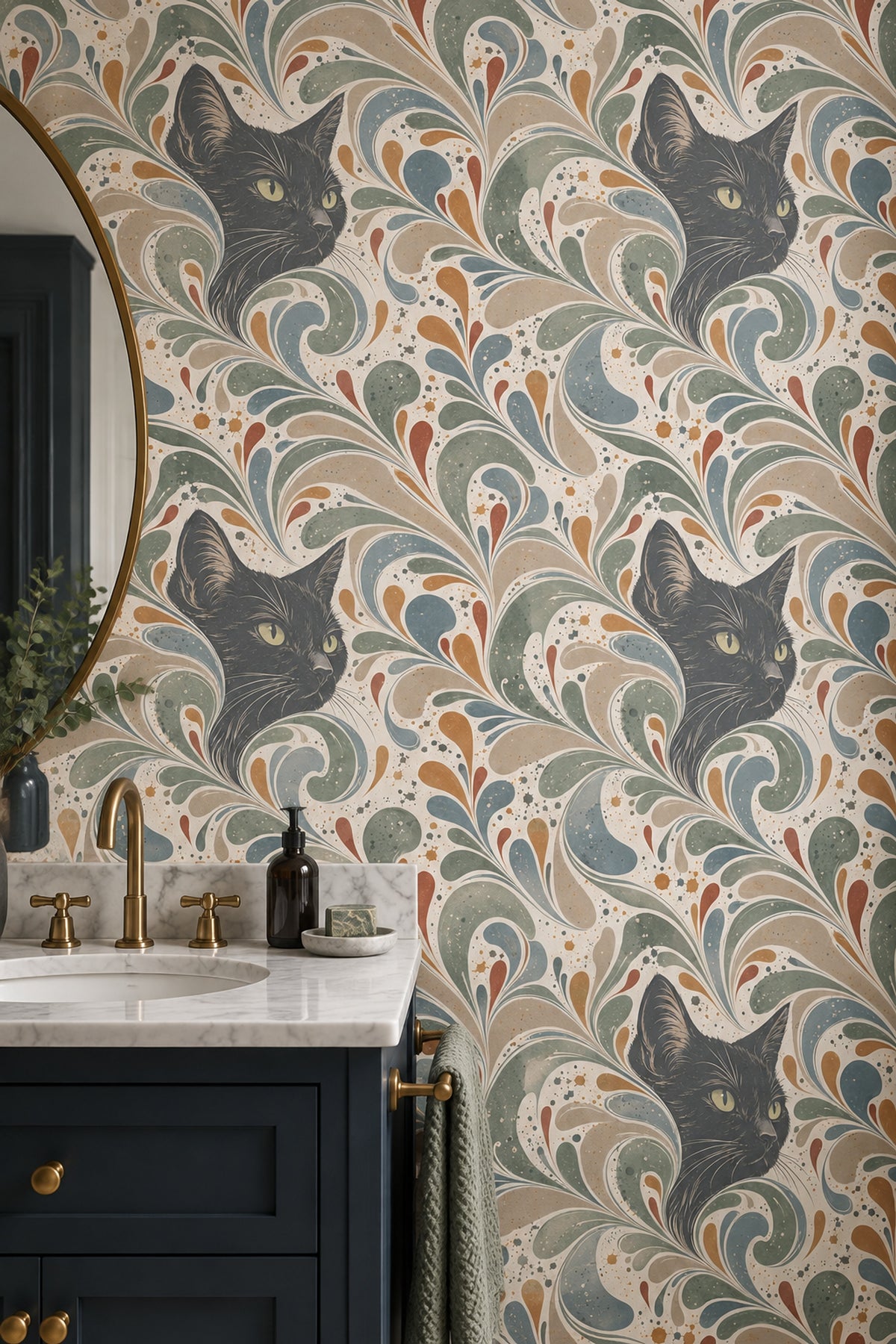 Black Cat Wallpaper Paisley Swirls On Cream Background
