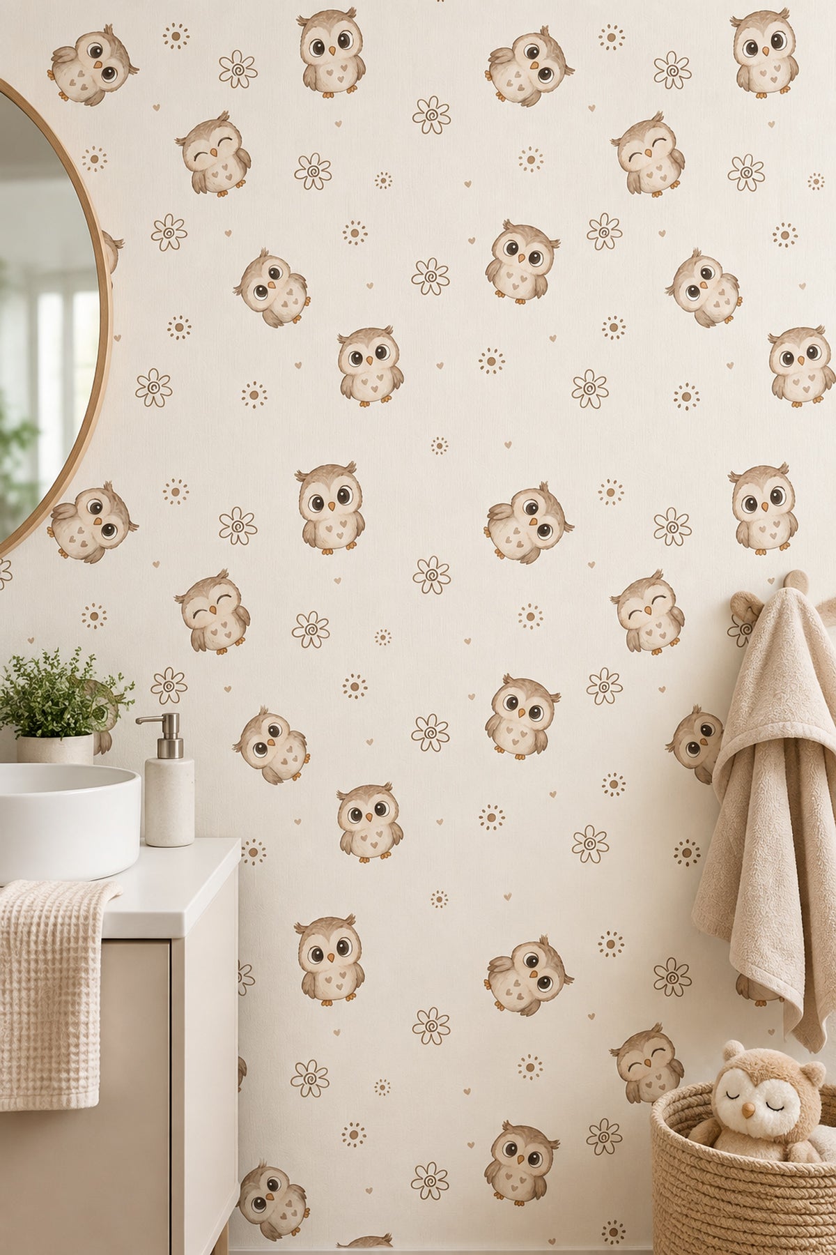 Cute Owl Wallpaper Hand Drawn Floral Pattern In Cream Beige Brown