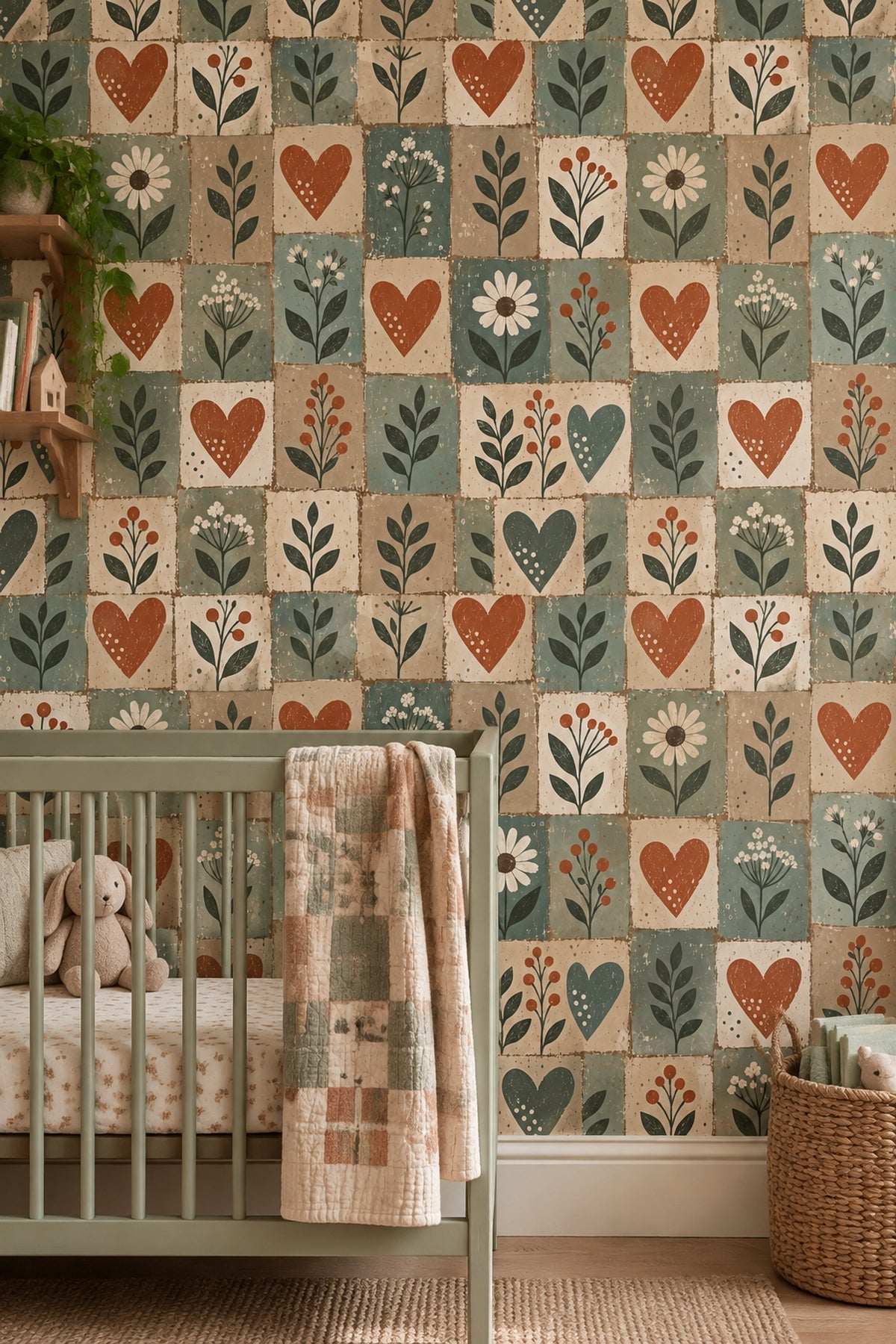 Folk Floral Hearts Wallpaper Patchwork Blocks