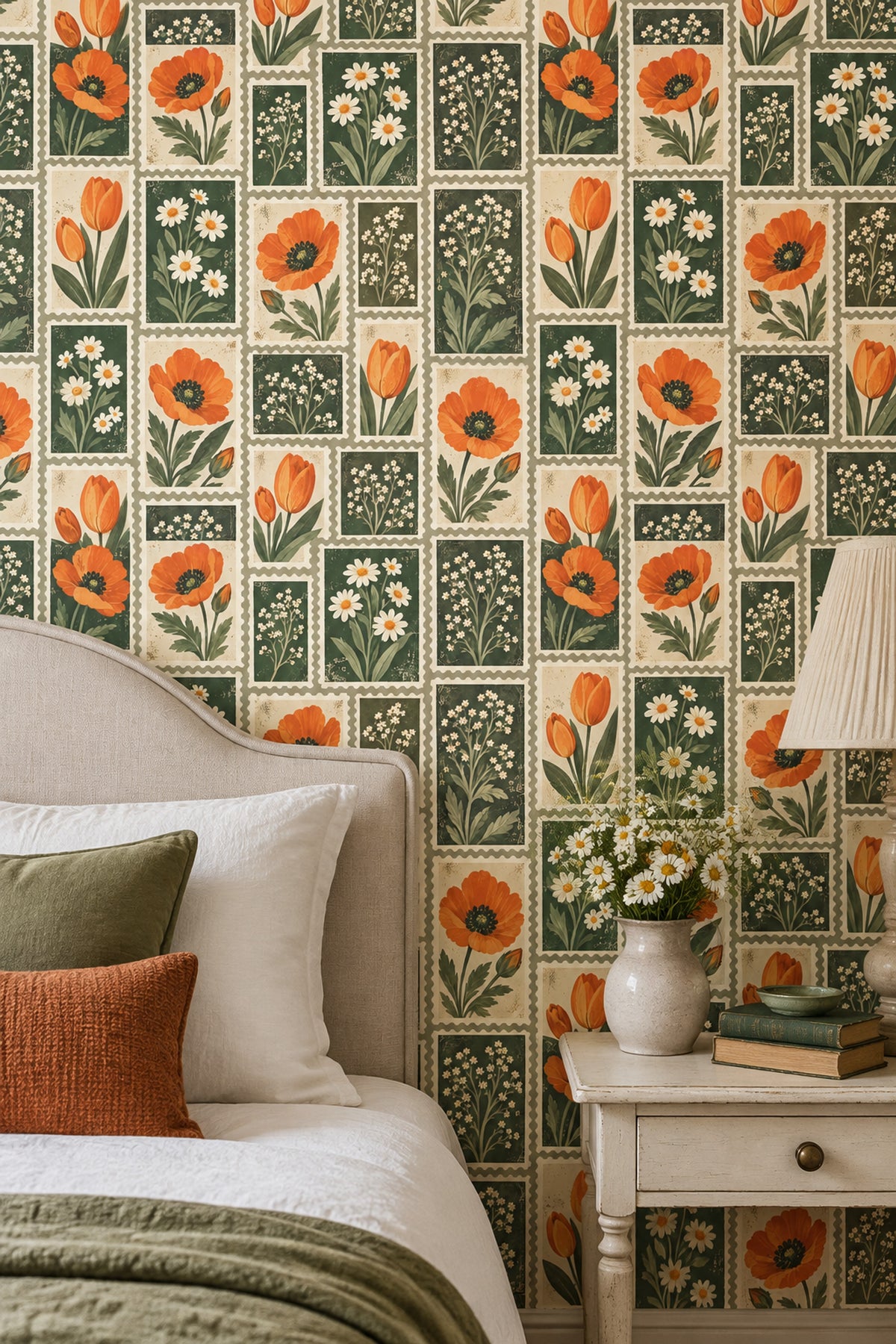 Orange Poppies Wallpaper Postage Stamp Botanical Panels Sage Green