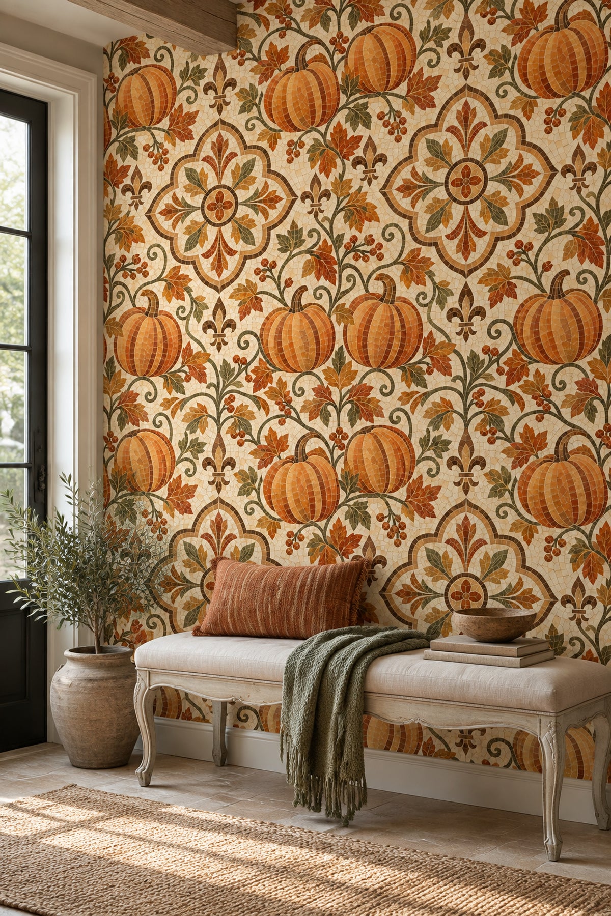 Pumpkin Medallion Wallpaper Vintage Mosaic Stone Background