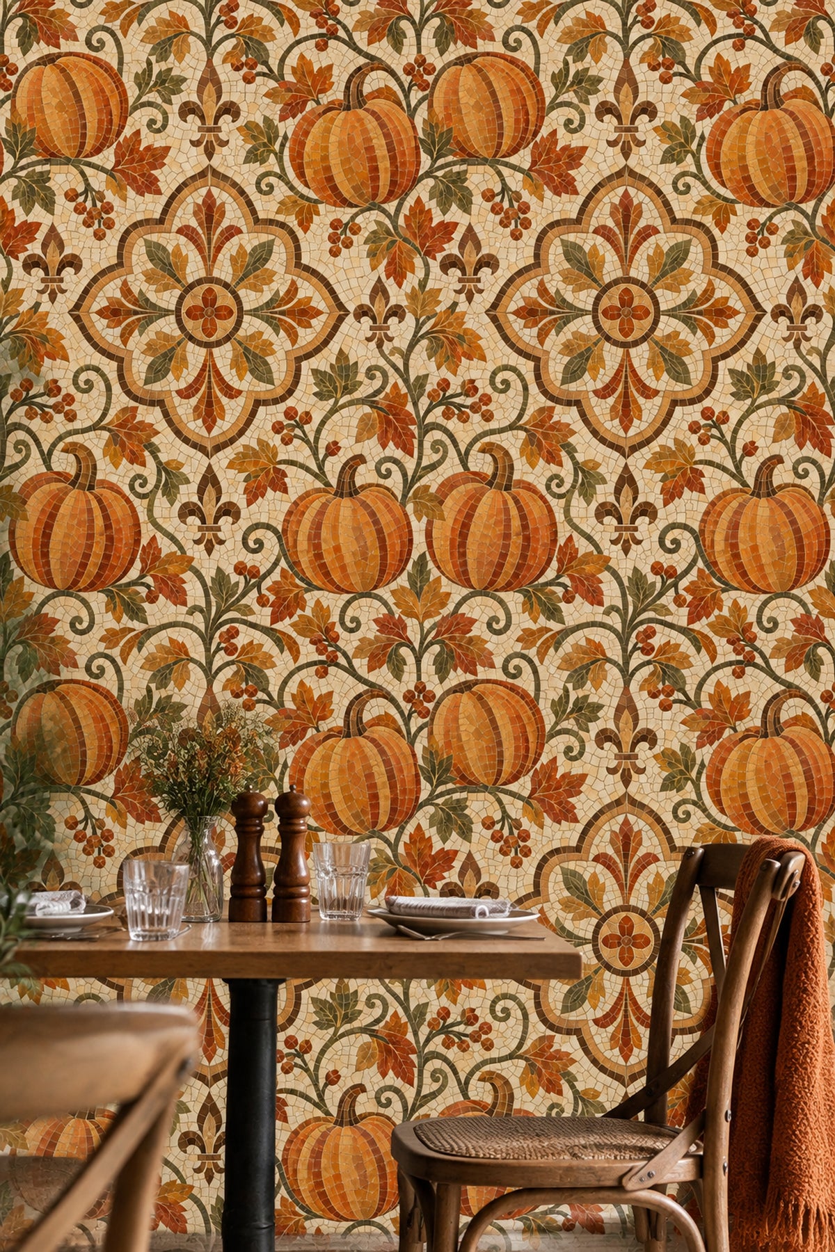 Pumpkin Medallion Wallpaper Vintage Mosaic Stone Background