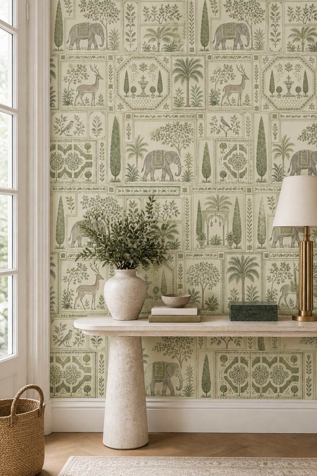 Elephant Wallpaper Sage Green Toile Botanical Garden