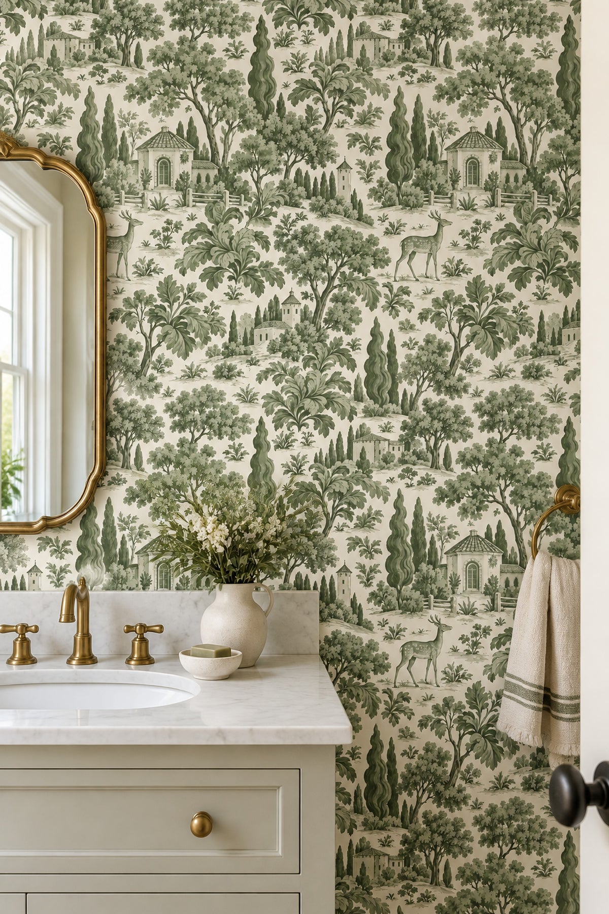 Tuscan Landscape Wallpaper Green Toile