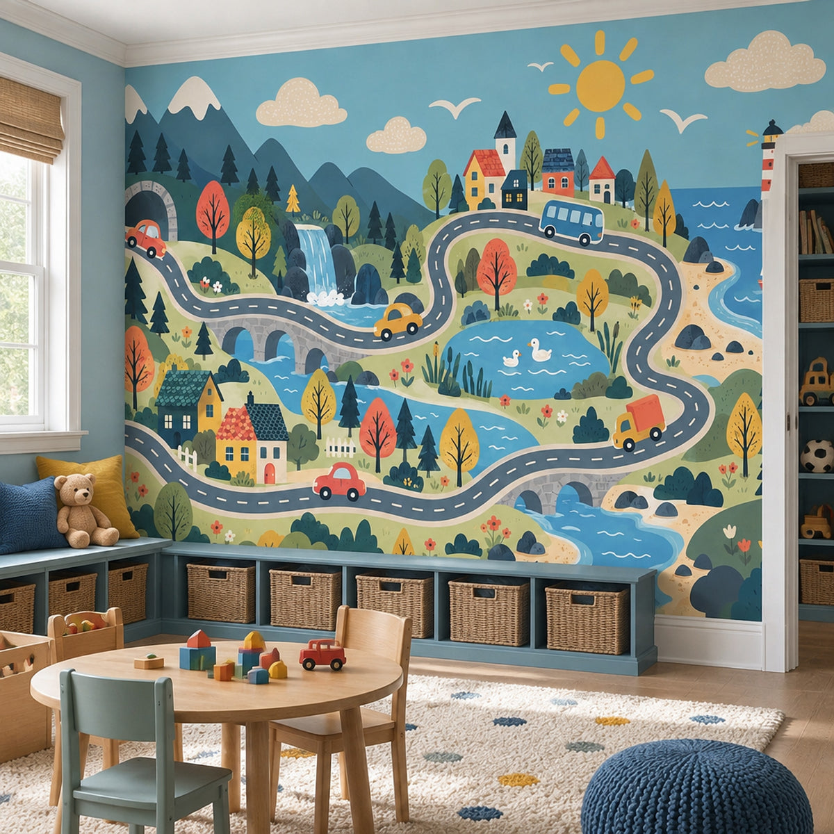 Kids Road Trip Map Wallpaper Sunny Sky Adventure Wall Mural