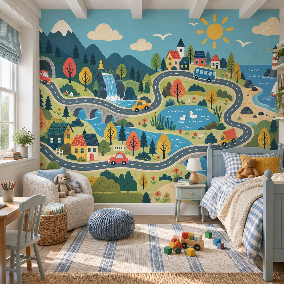 Kids Road Trip Map Wallpaper Sunny Sky Adventure Wall Mural