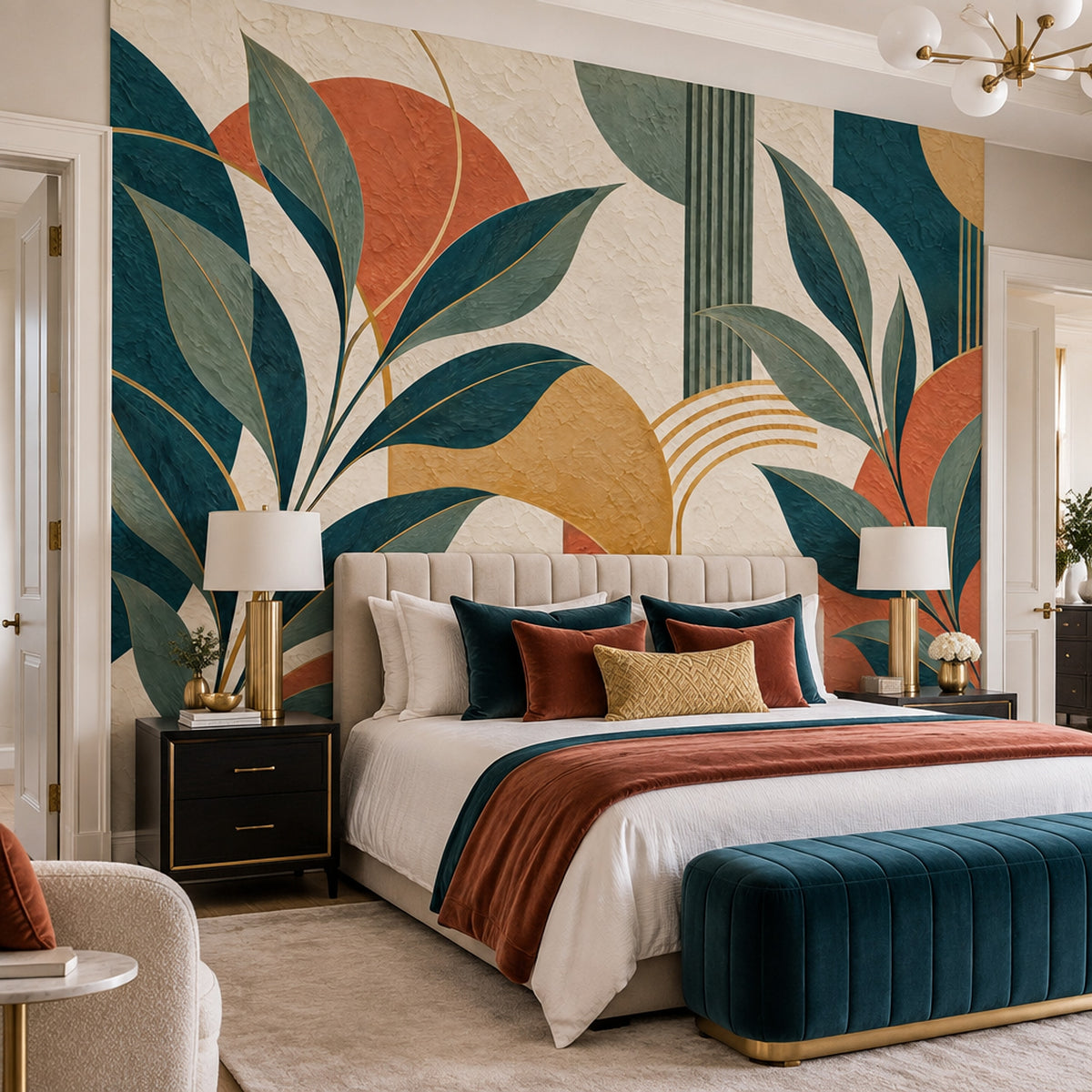 Abstract Botanical Leaves Wallpaper Art Deco Geometric Wall Mural