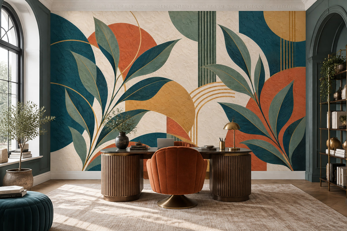 Abstract Botanical Leaves Wallpaper Art Deco Geometric Wall Mural