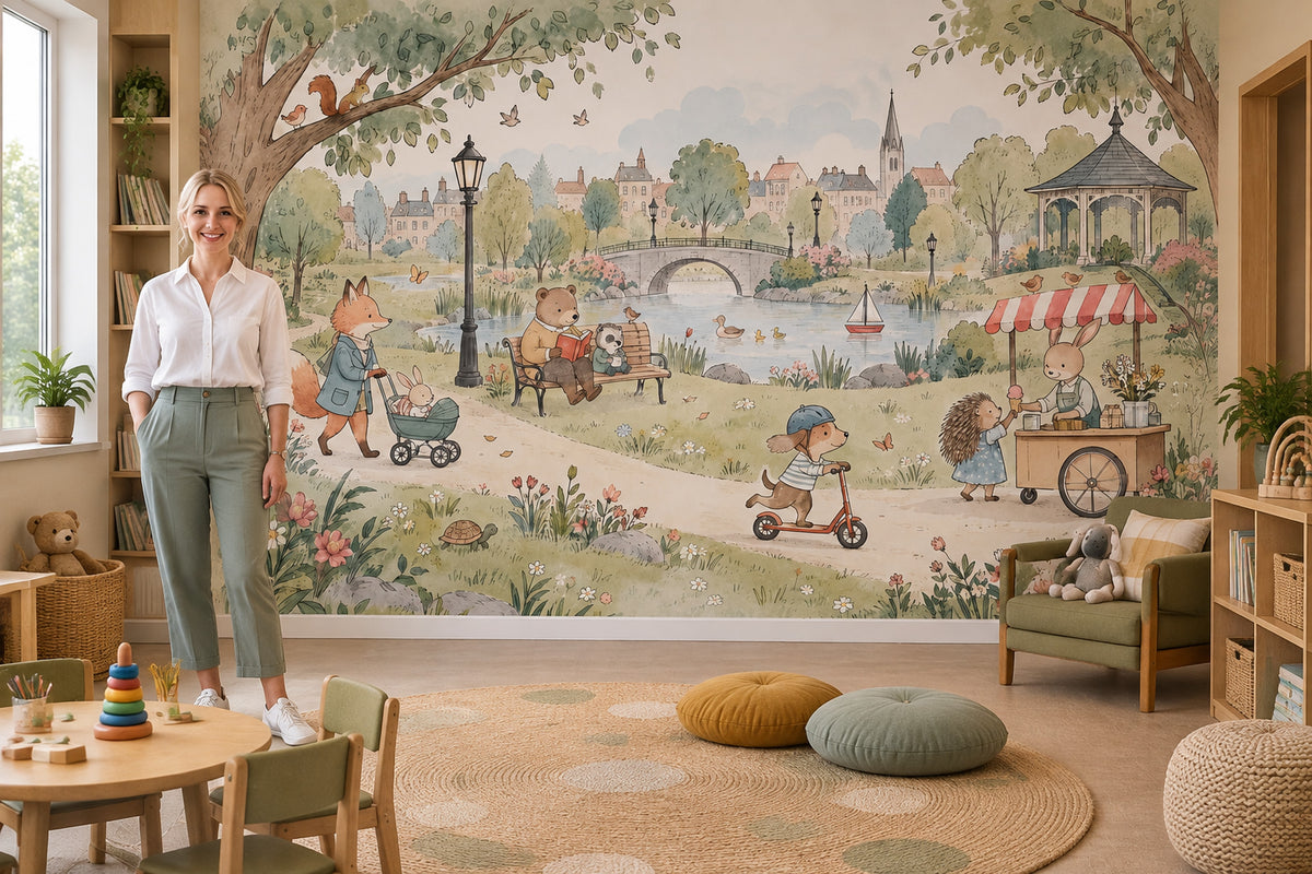 Storybook Park Animals Wallpaper Watercolor Illustration Wall Mural
