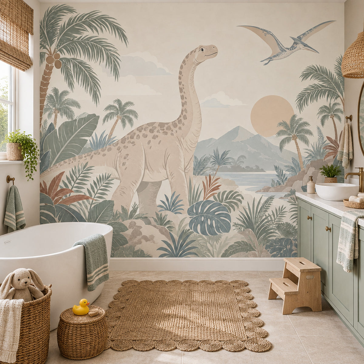 Pastel Dinosaur Landscape Wallpaper Tropical Nursery Wall Mural