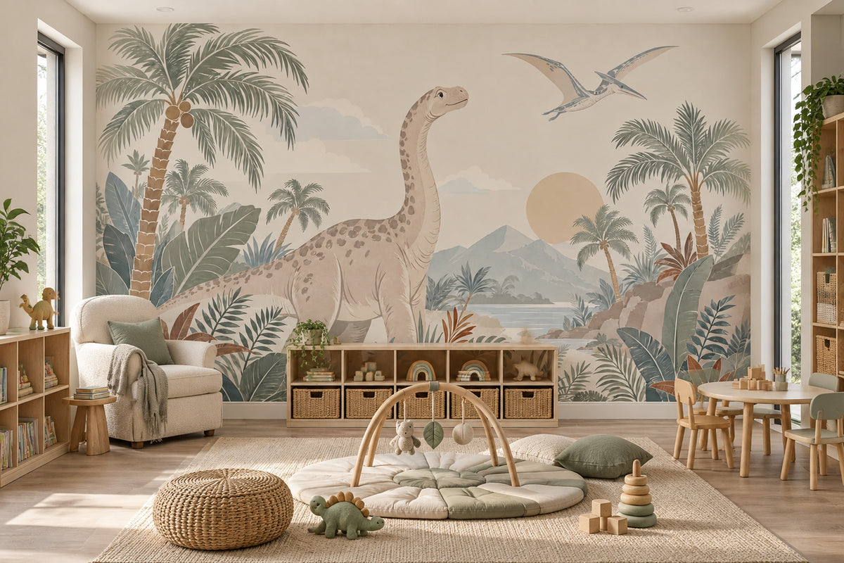 Pastel Dinosaur Landscape Wallpaper Tropical Nursery Wall Mural