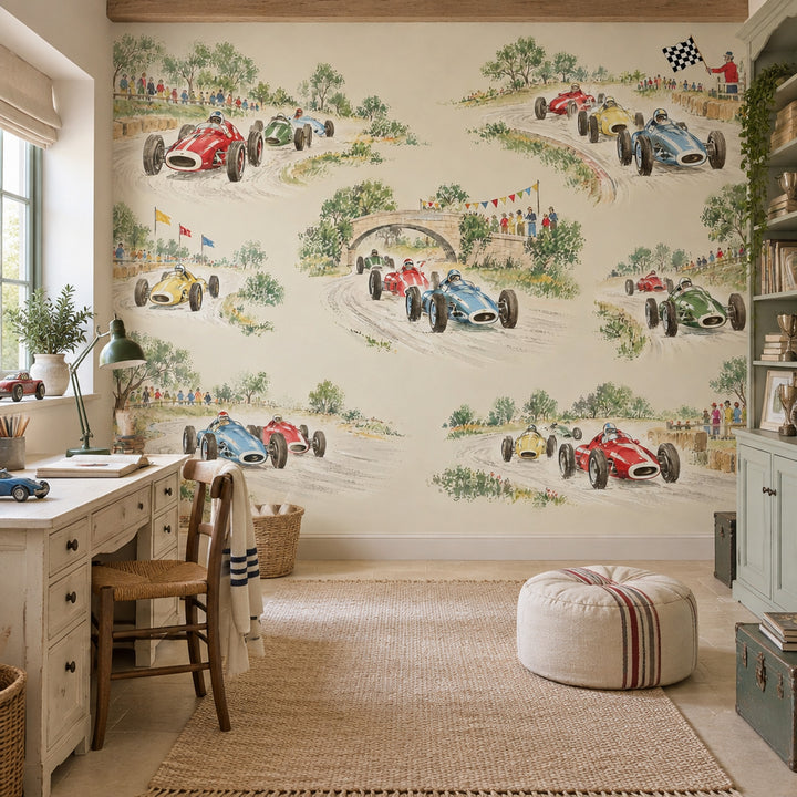 Vintage Race Cars Wallpaper Watercolor Motorsport Wall Mural