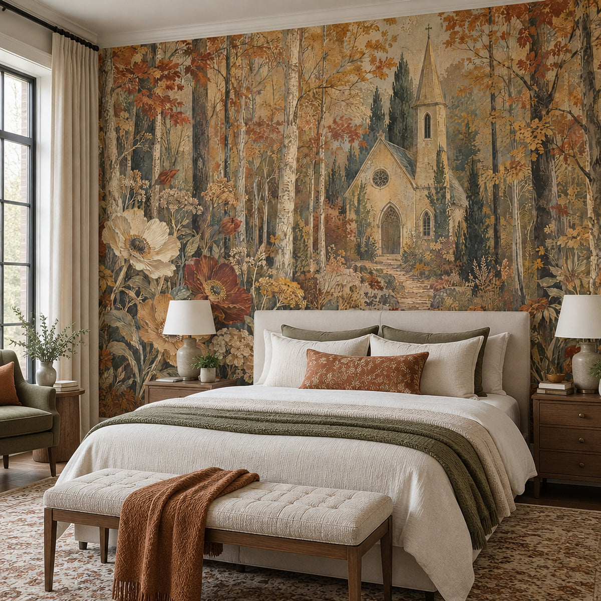Autumn Forest Chapel Wallpaper Vintage Botanical Wall Mural