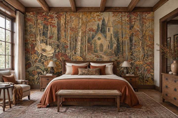 Autumn Forest Chapel Wallpaper Vintage Botanical Wall Mural