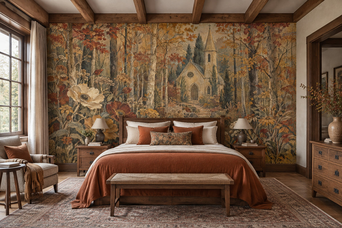 Autumn Forest Chapel Wallpaper Vintage Botanical Wall Mural