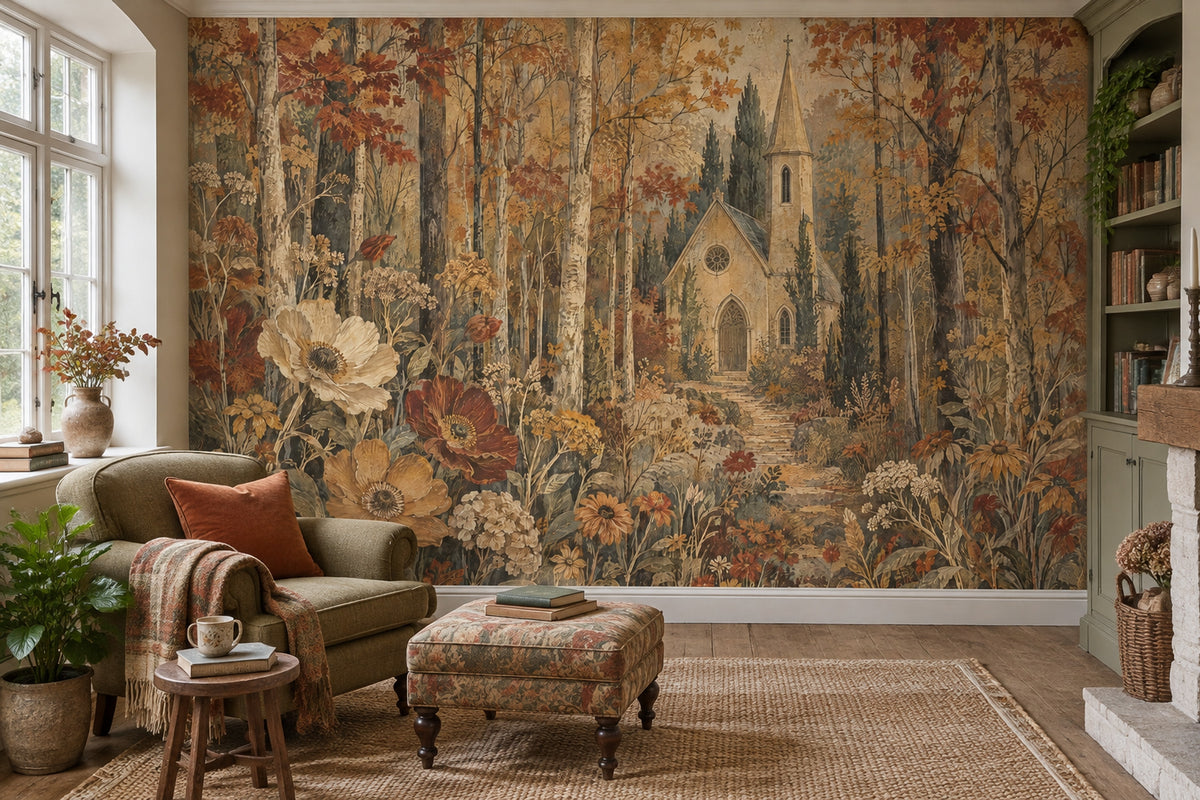 Autumn Forest Chapel Wallpaper Vintage Botanical Wall Mural