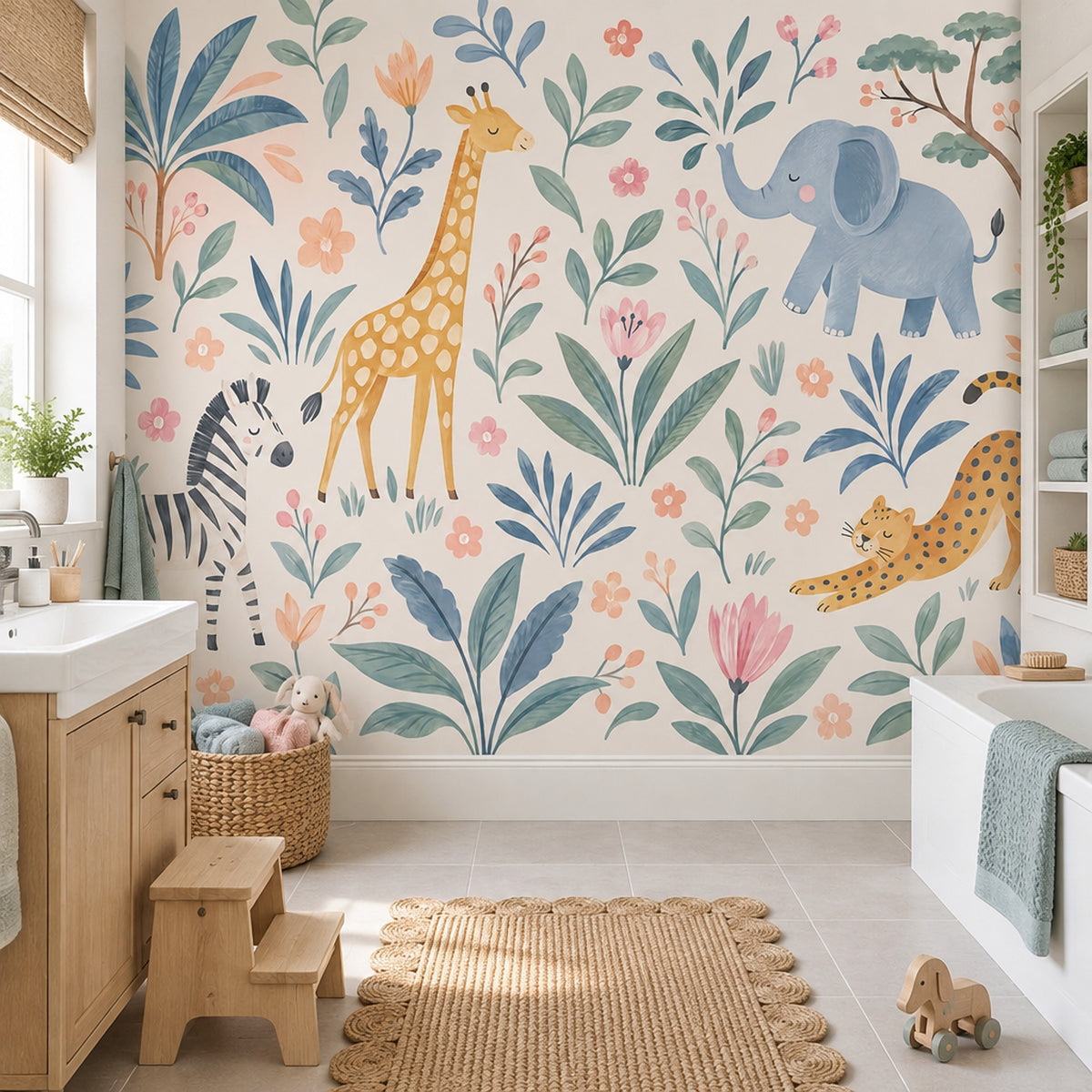 Watercolor Safari Animals Wallpaper Pastel Jungle Wall Mural