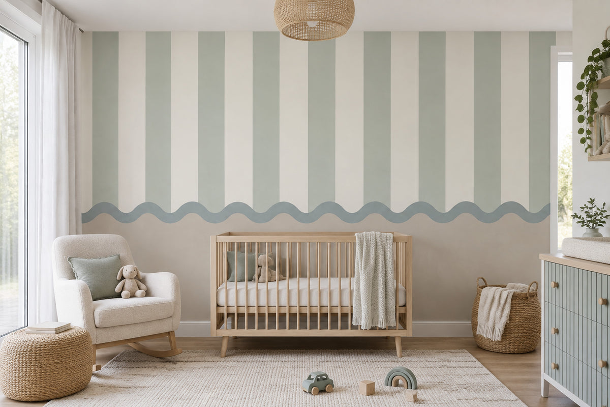 Vertical Stripes Wallpaper Scalloped Border Wall Mural