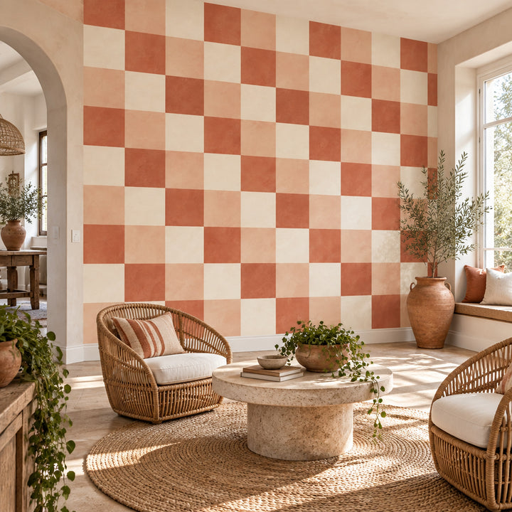 Terracotta Checkerboard Wallpaper Textured Mediterranean Wall Mural
