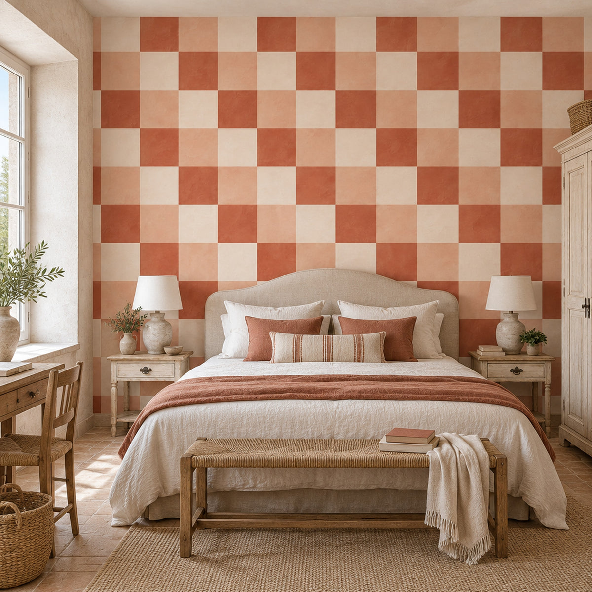 Terracotta Checkerboard Wallpaper Textured Mediterranean Wall Mural
