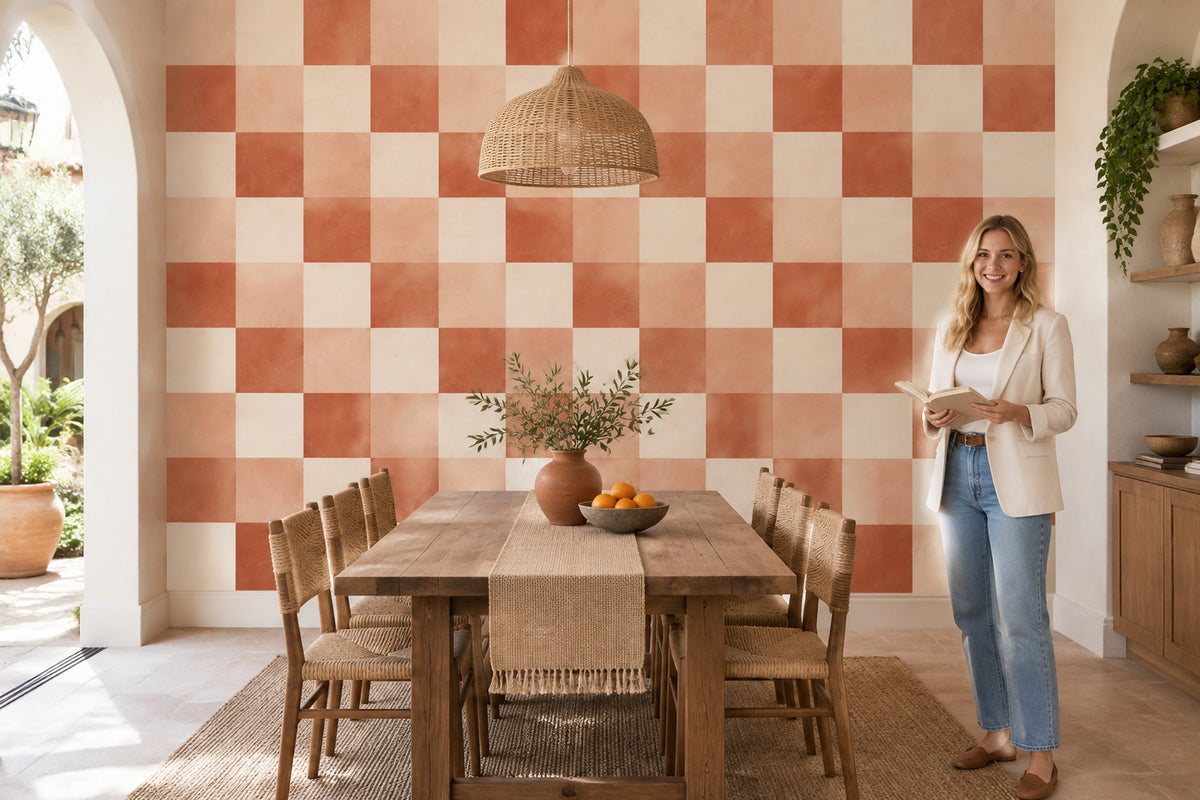 Terracotta Checkerboard Wallpaper Textured Mediterranean Wall Mural