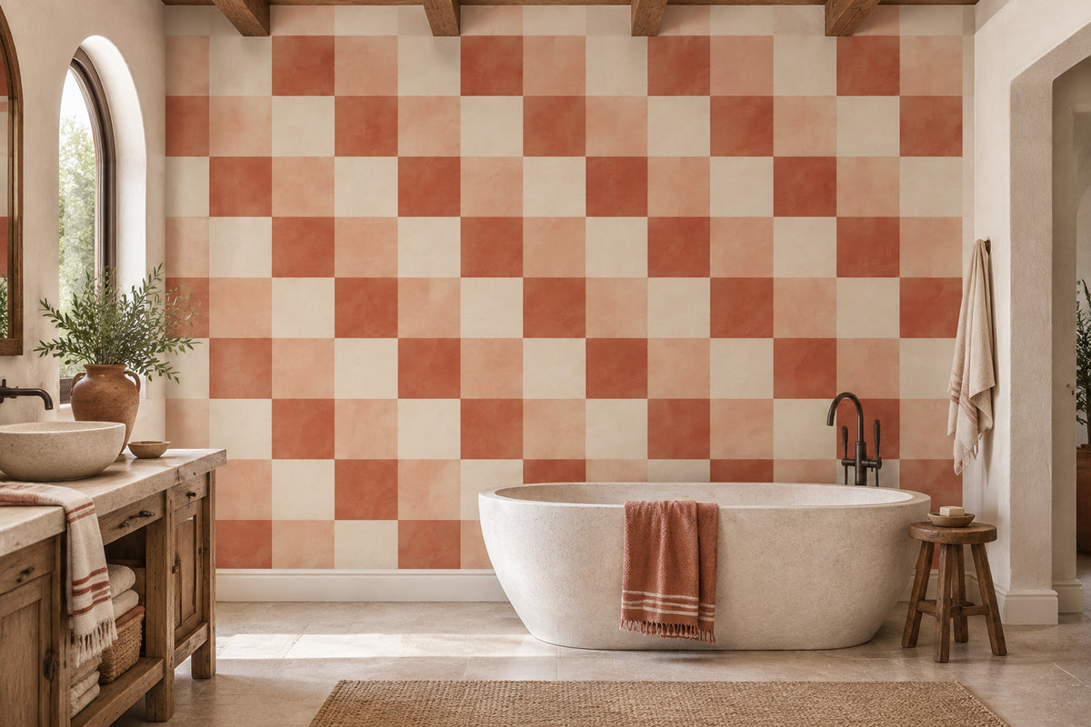 Terracotta Checkerboard Wallpaper Textured Mediterranean Wall Mural