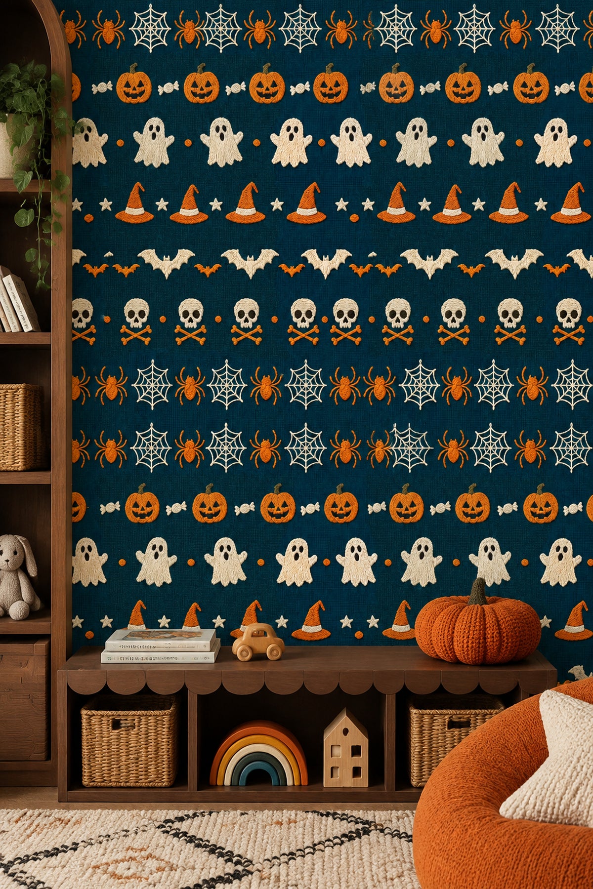Halloween Icons Wallpaper Dark Teal Embroidered Pattern
