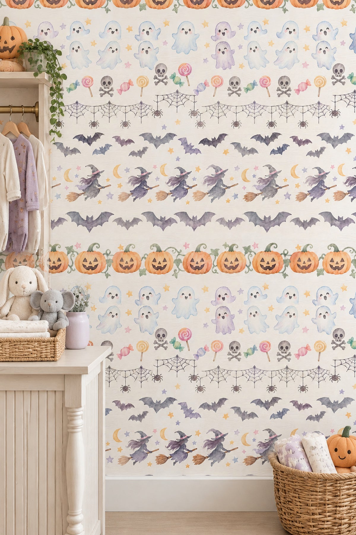Cute Halloween Icons Wallpaper Pastel Watercolor Pattern