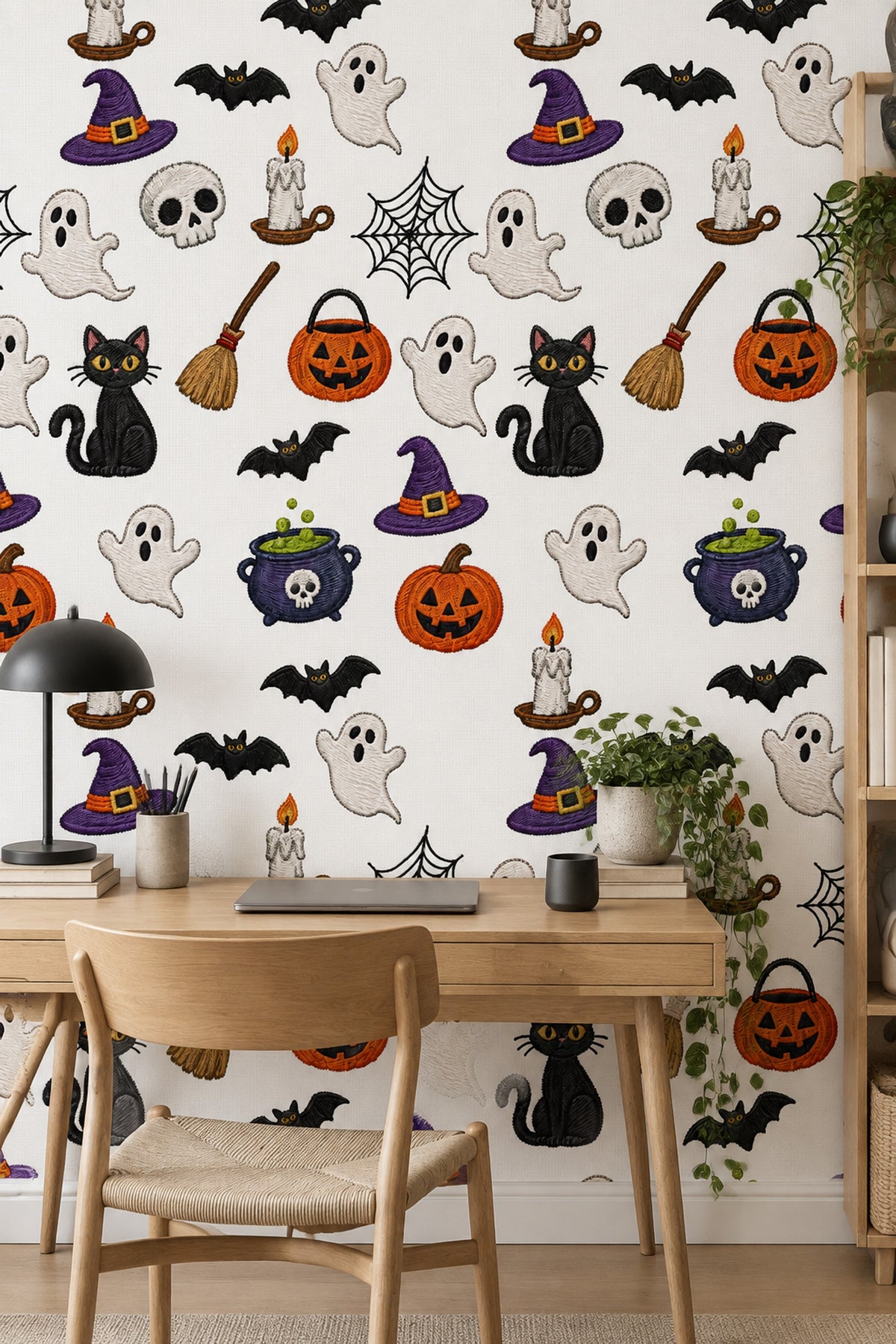 Halloween Icons Wallpaper Embroidered Look Pattern