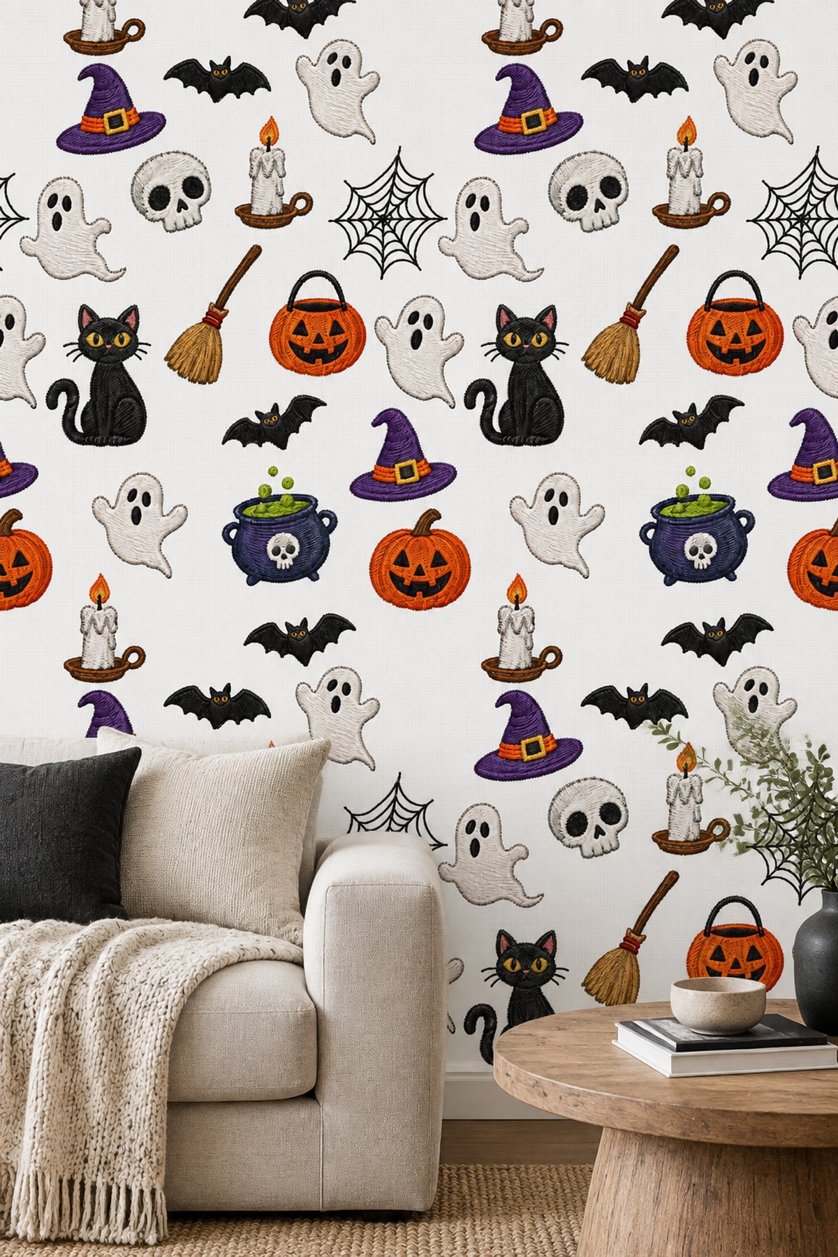 Halloween Icons Wallpaper Embroidered Look Pattern