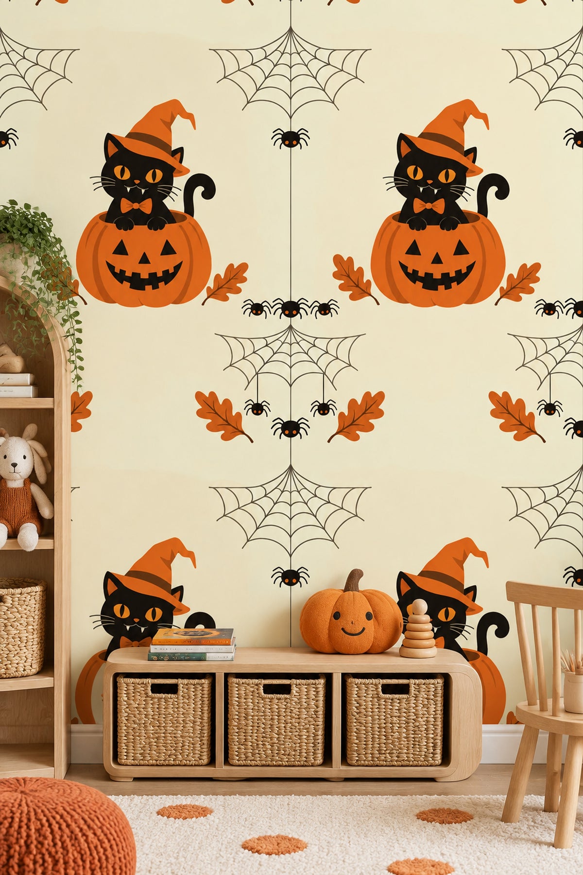 Black Cat Halloween Wallpaper Witch Hat Pumpkin Pattern