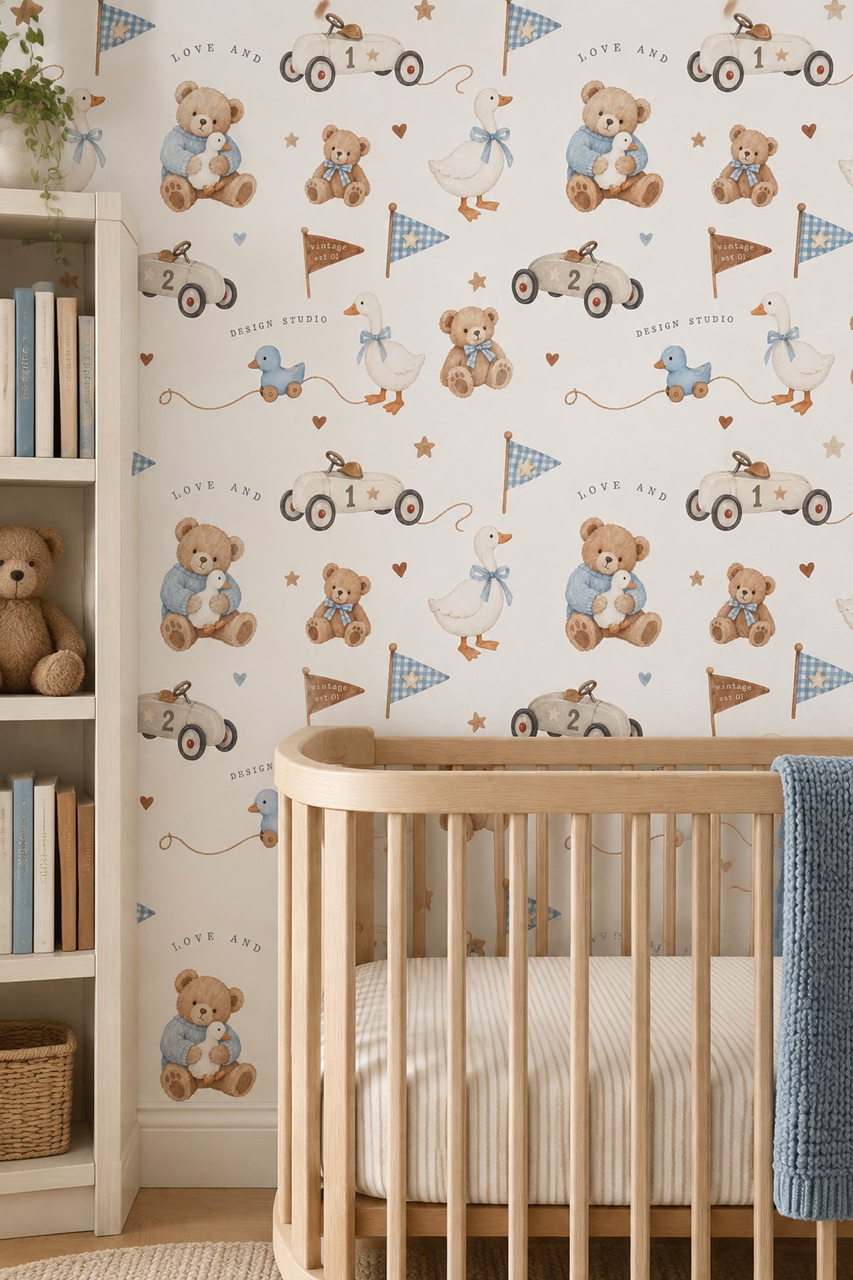 Teddy Bear And Duck Wallpaper Vintage Toy Gingham Pattern