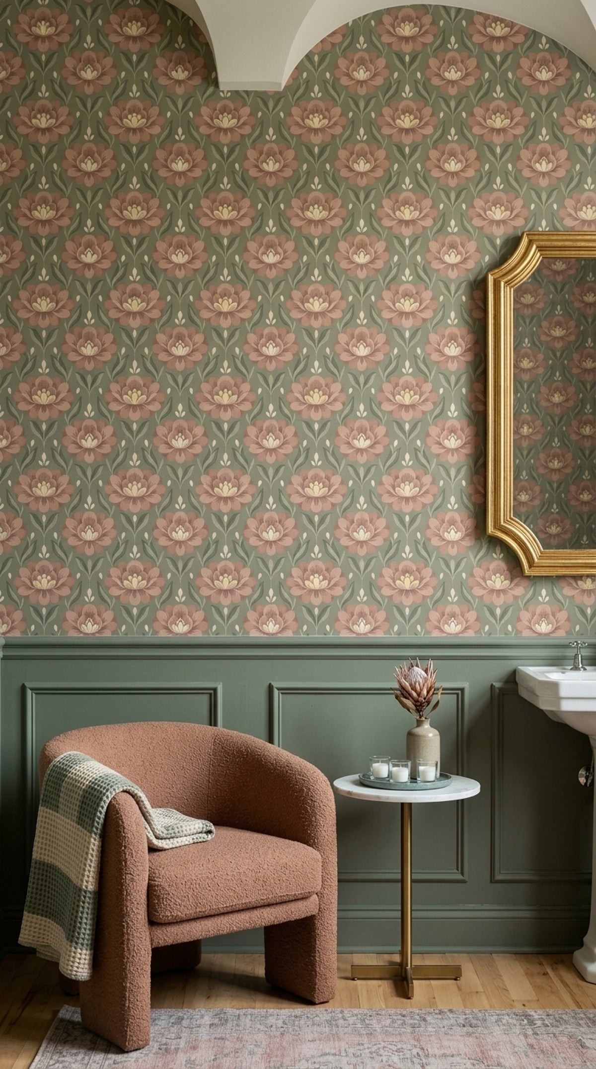 Pink Blossom Wallpaper Symmetrical Sage Green Floral