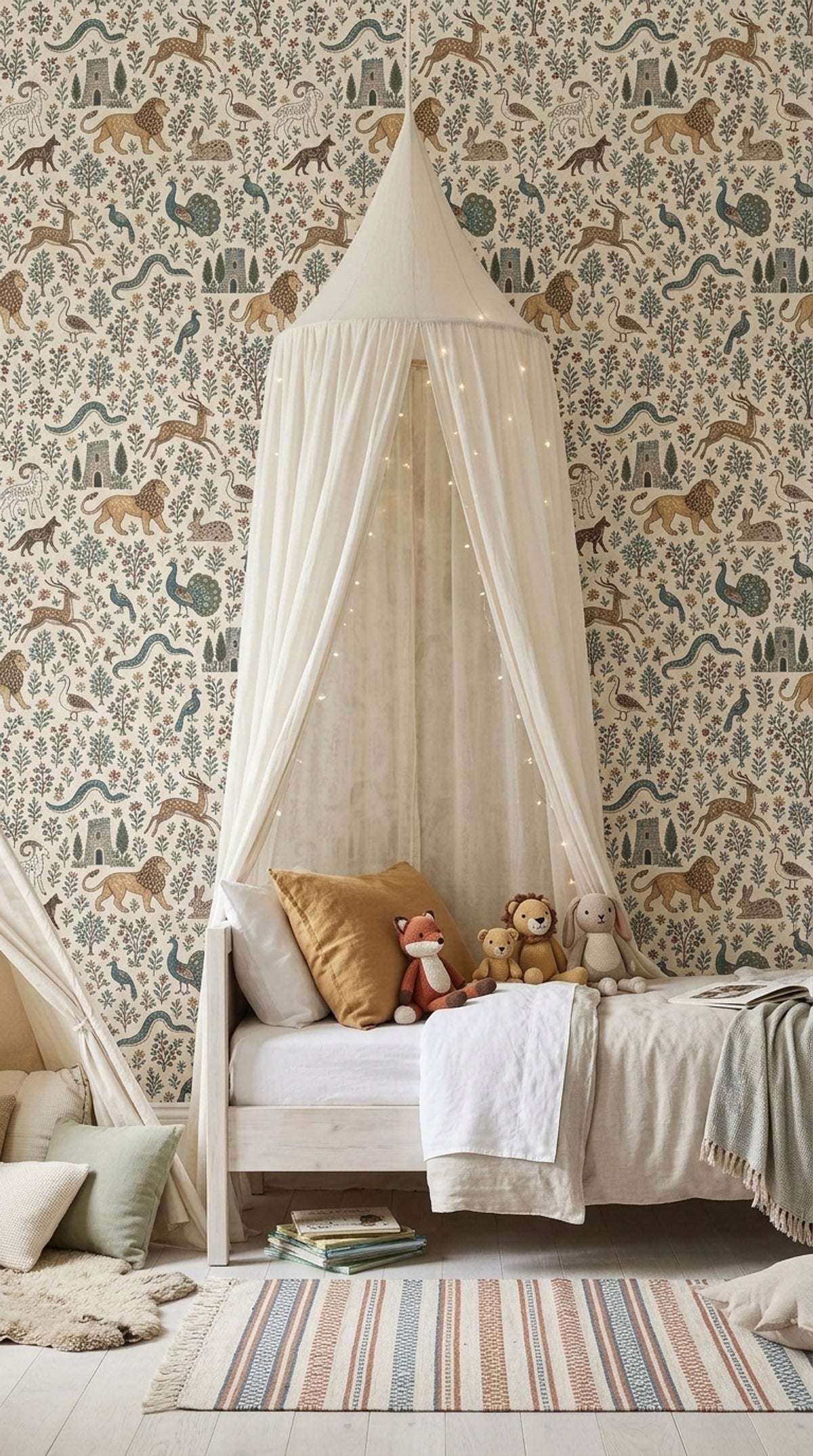 Medieval Bestiary Animals Wallpaper Ivory Background Folk Art