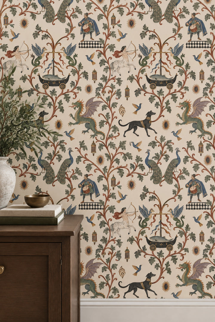 Mythical Creatures And Birds Wallpaper Muted Green Ornamental Pattern