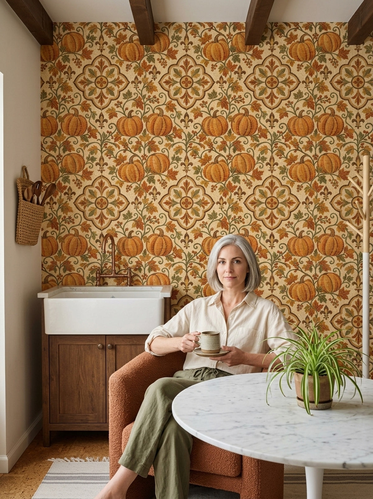 Pumpkin Medallion Wallpaper Vintage Mosaic Stone Background