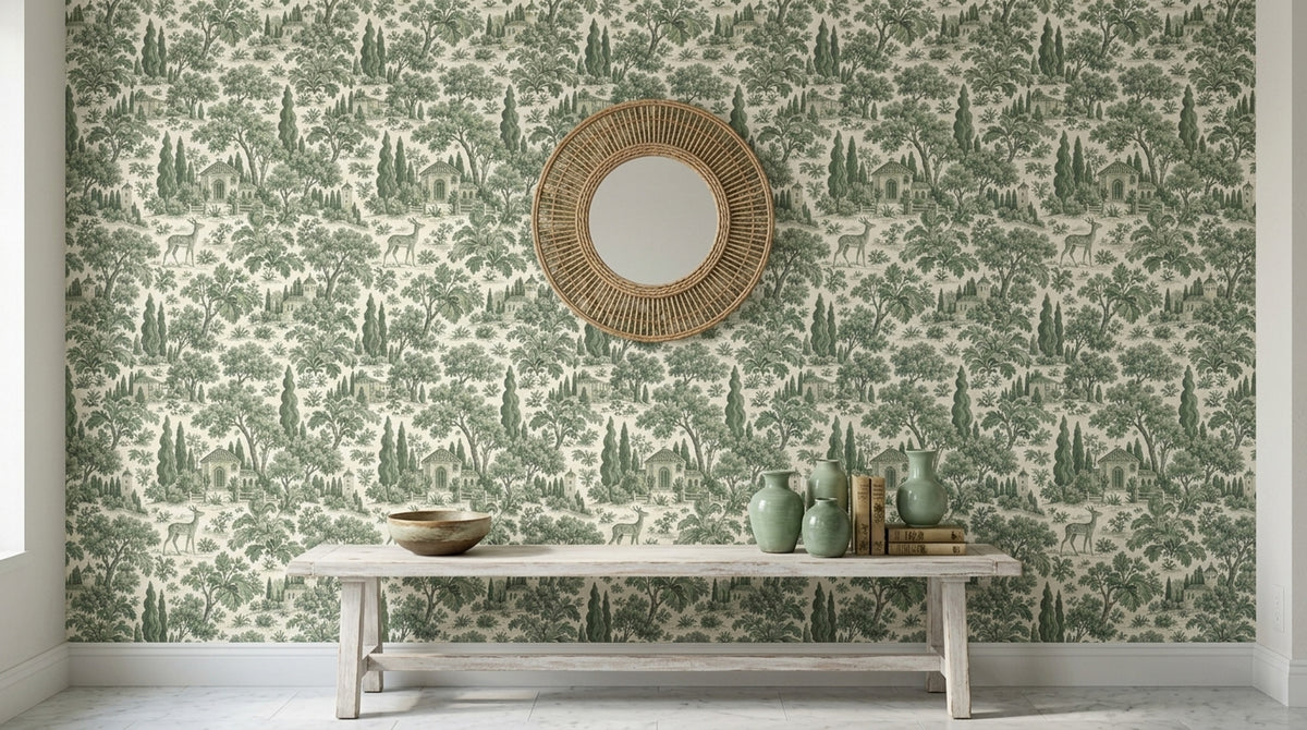 Tuscan Landscape Wallpaper Green Toile