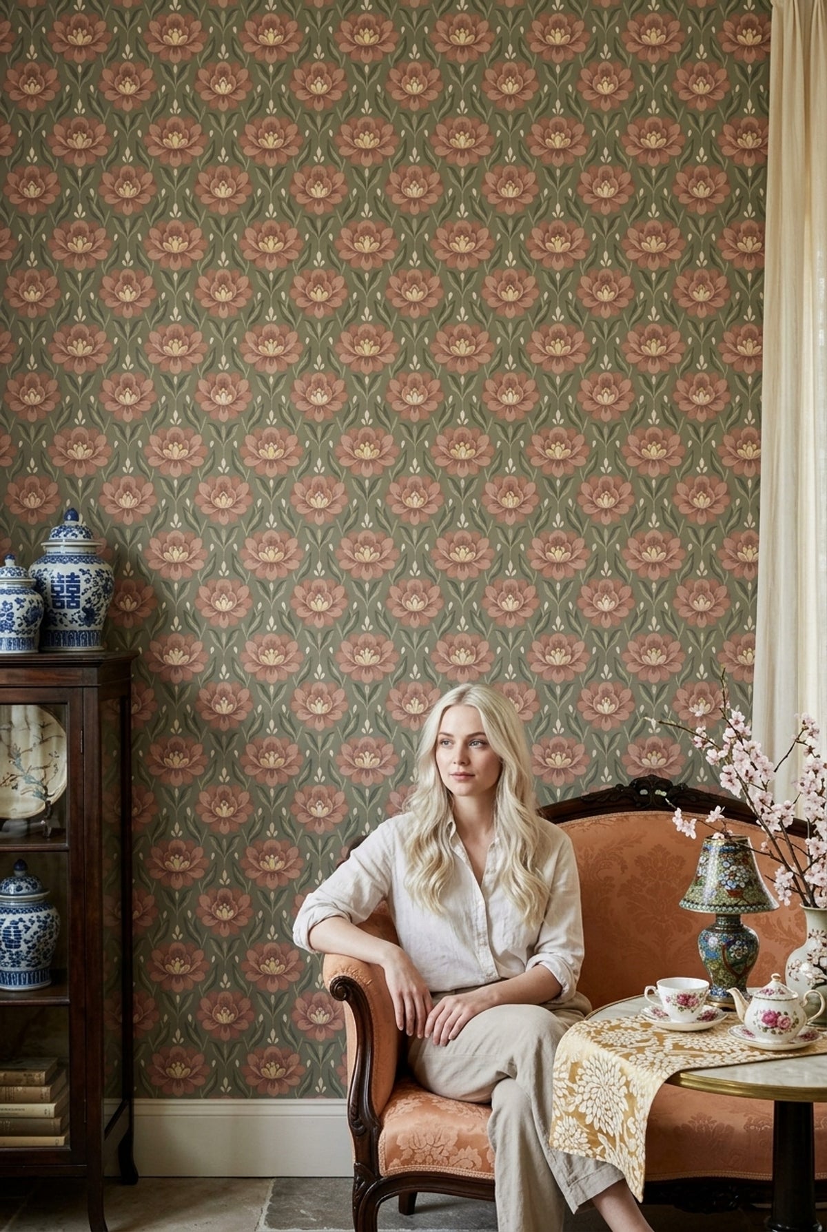 Pink Blossom Wallpaper Symmetrical Sage Green Floral