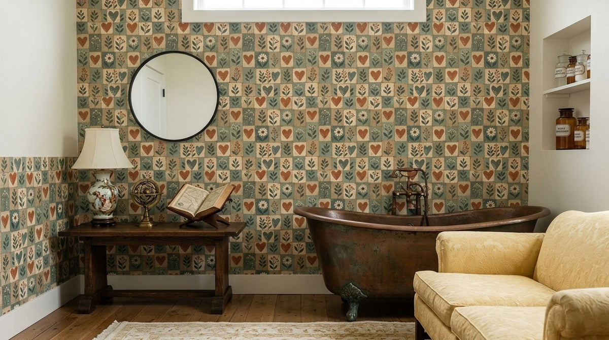 Folk Floral Hearts Wallpaper Patchwork Blocks
