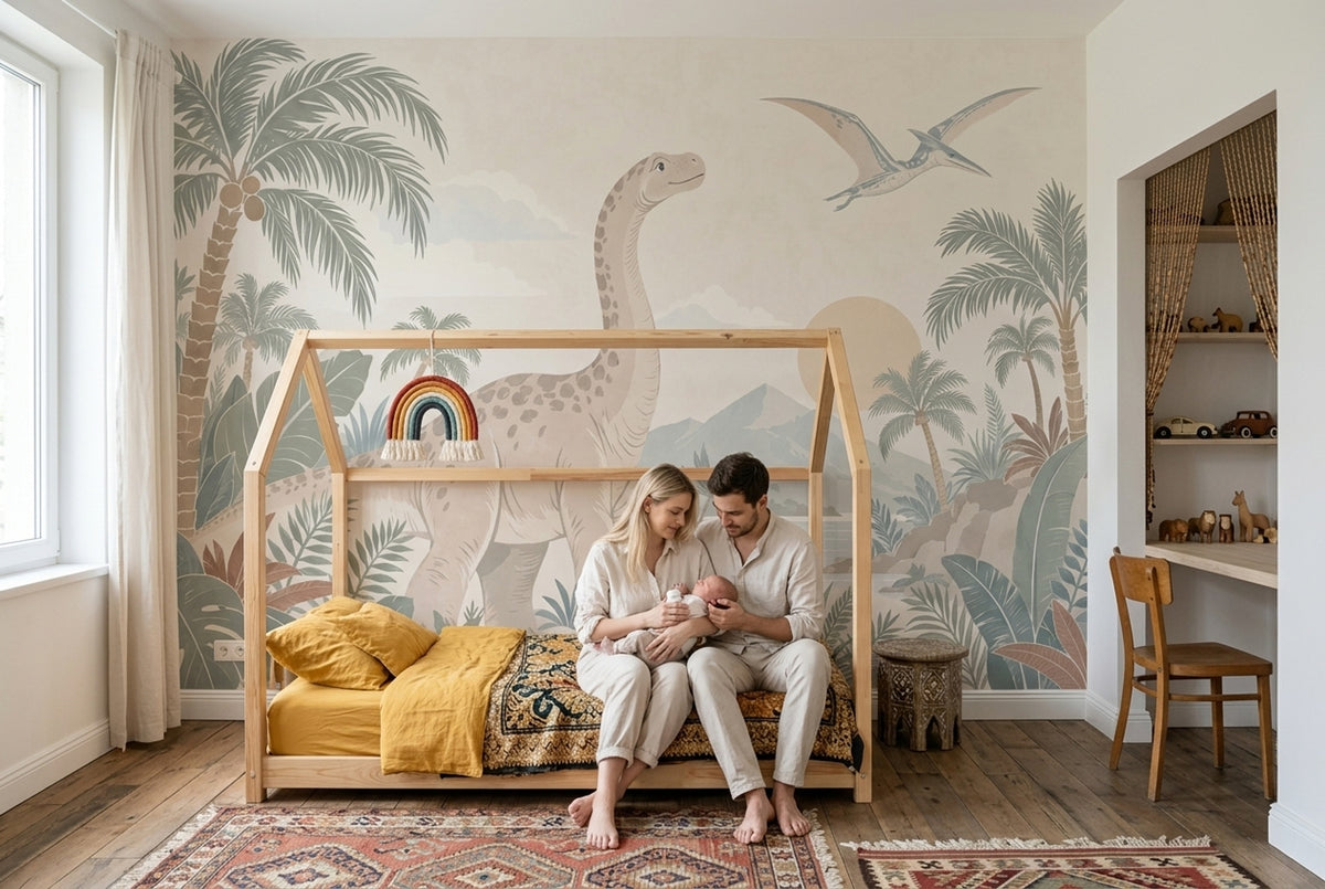 Pastel Dinosaur Landscape Wallpaper Tropical Nursery Wall Mural