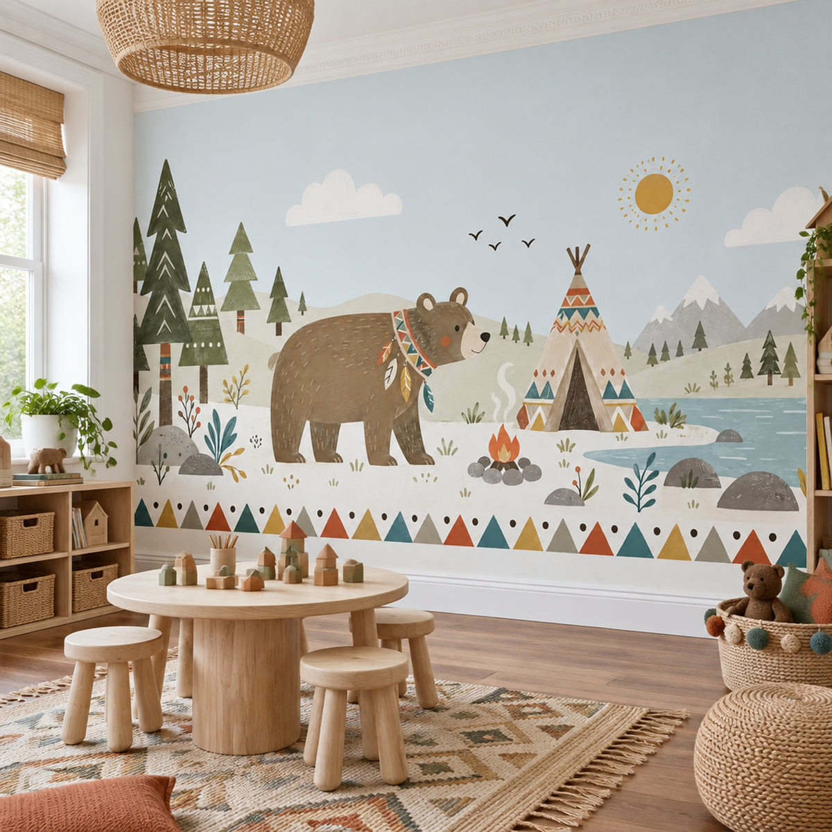 Woodland Bear Teepee Wallpaper Boho Camping Wall Mural