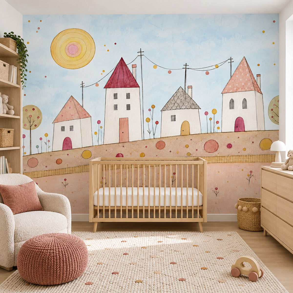 Whimsical Village Wallpaper Watercolor Kids Landscape Wall Mural