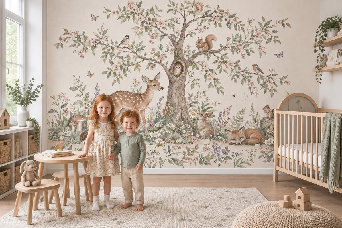 Watercolor Woodland Nursery Wallpaper Storybook Forest Animals Wall Mural
