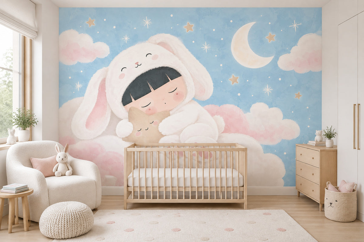 Sleeping Bunny Child Wallpaper Pastel Nursery Sky Wall Mural