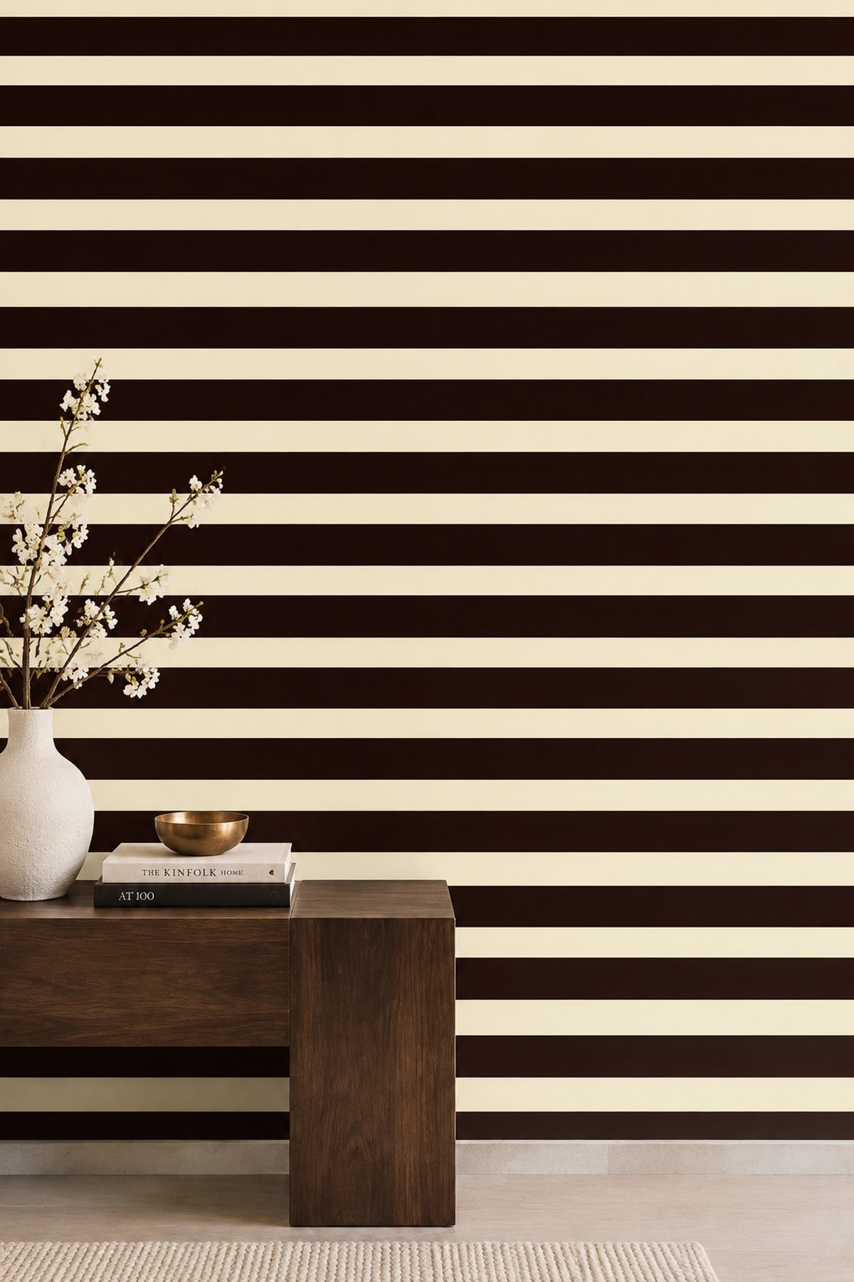 Stripe Wallpaper Horizontal Bands In Burgundy Brown And Cream