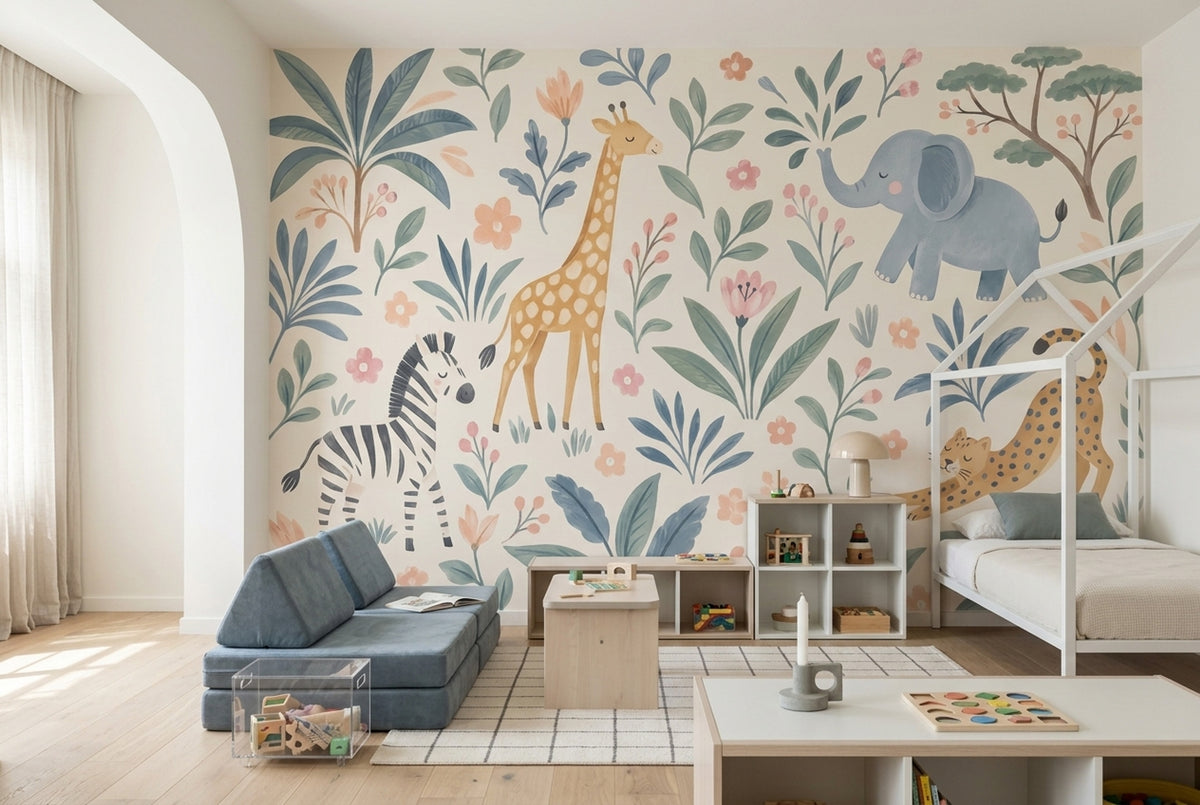 Watercolor Safari Animals Wallpaper Pastel Jungle Wall Mural