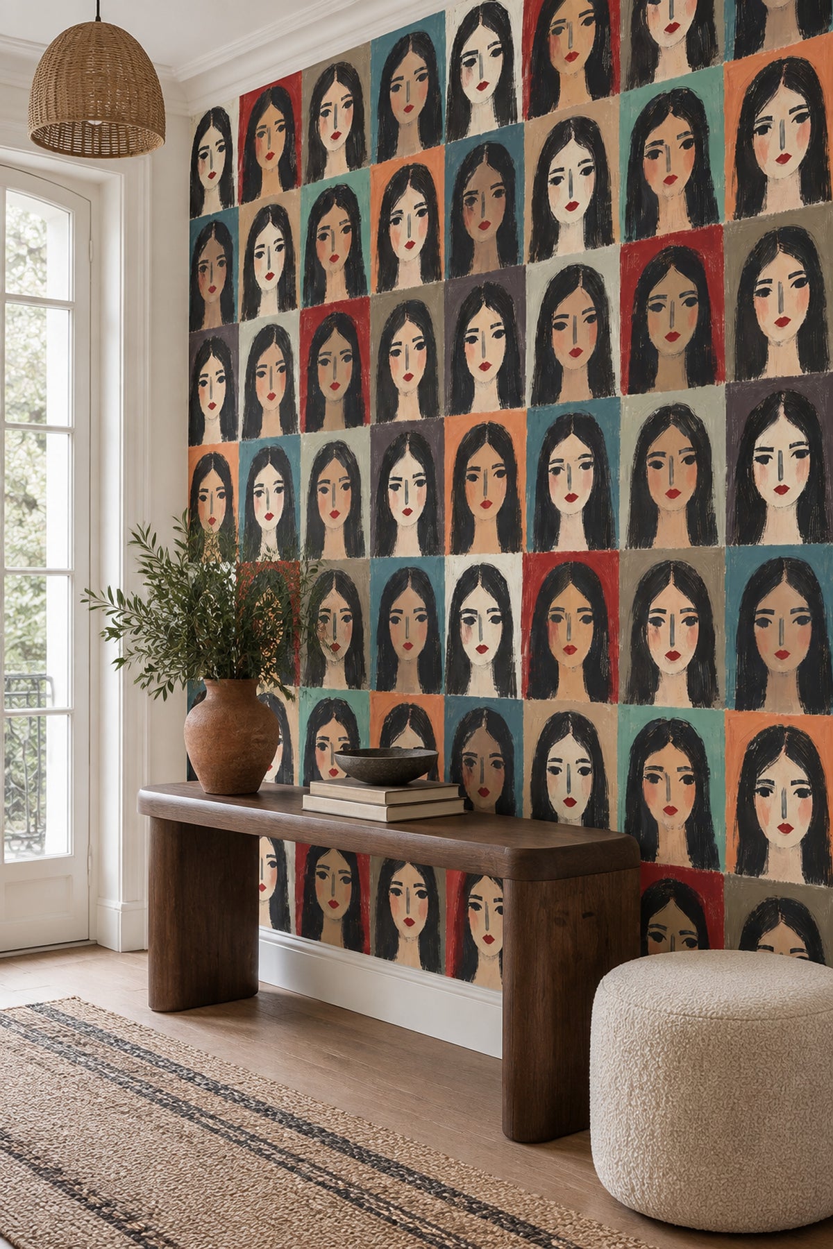 Repeated Female Portraits Wallpaper Color Block Grid