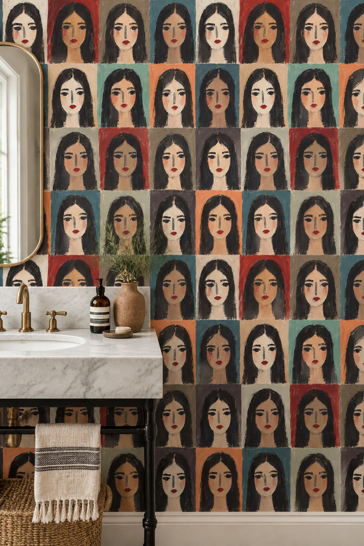 Repeated Female Portraits Wallpaper Color Block Grid