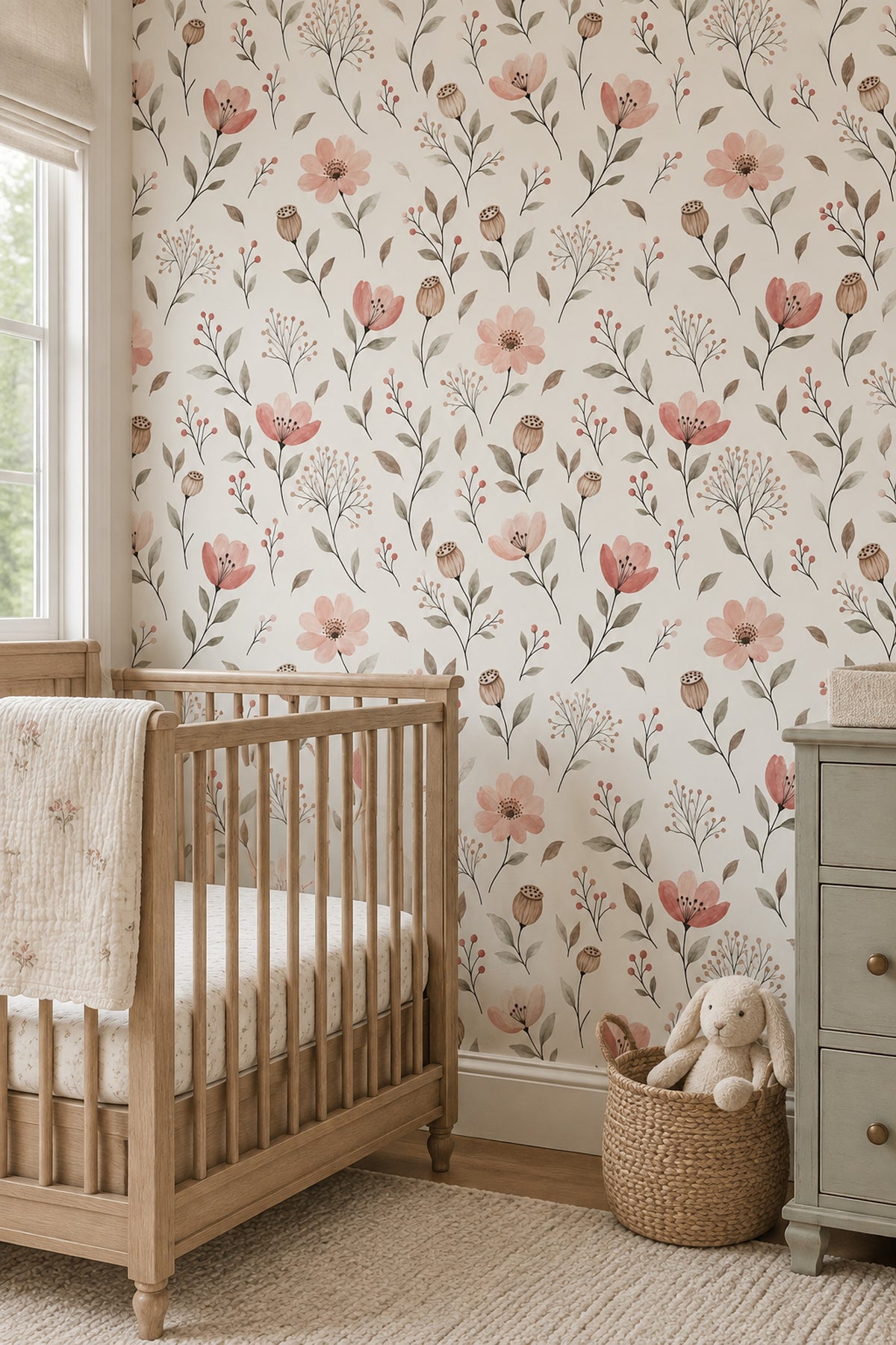 Pink Watercolor Flowers Wallpaper Cream Botanical