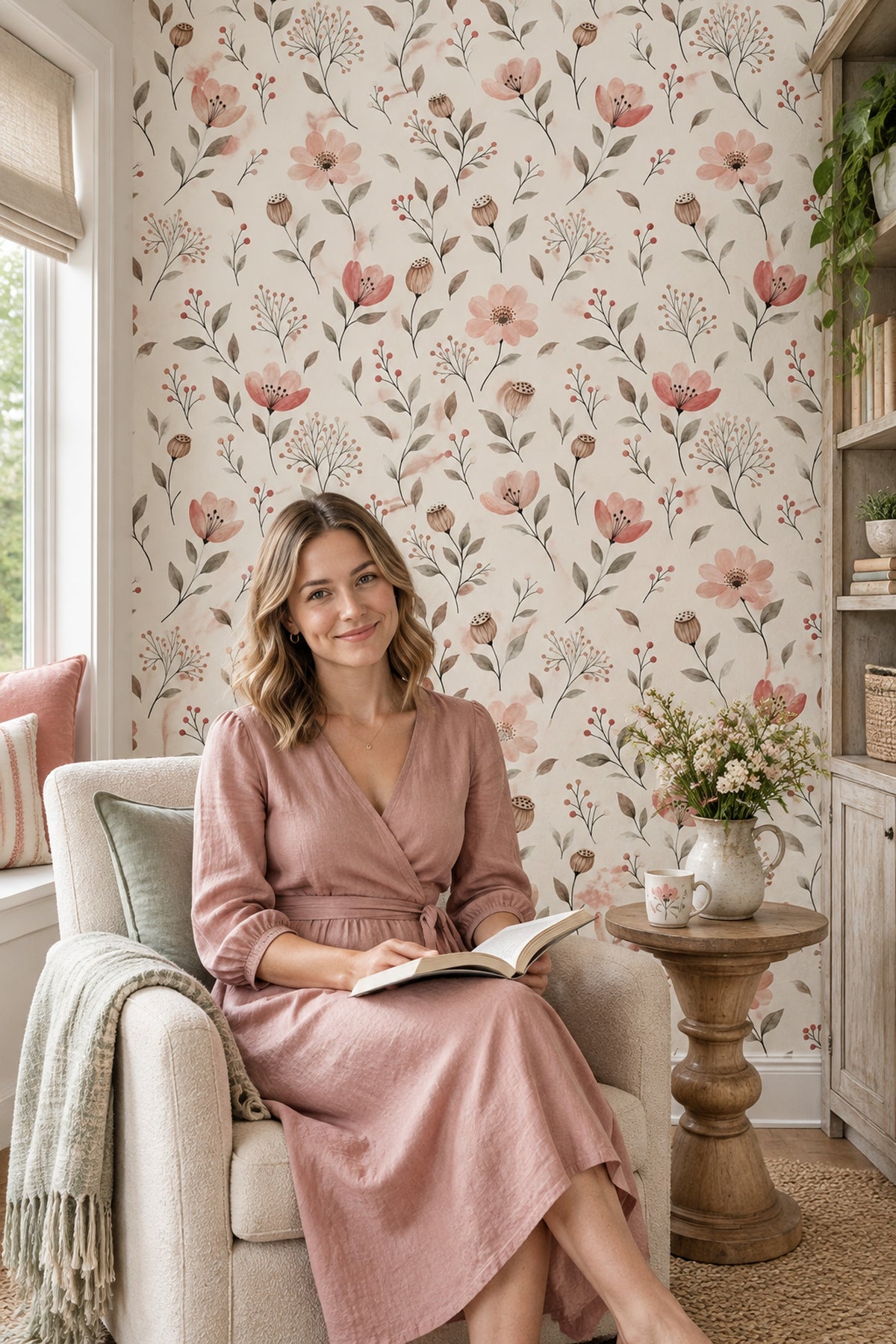 Pink Watercolor Flowers Wallpaper Cream Botanical